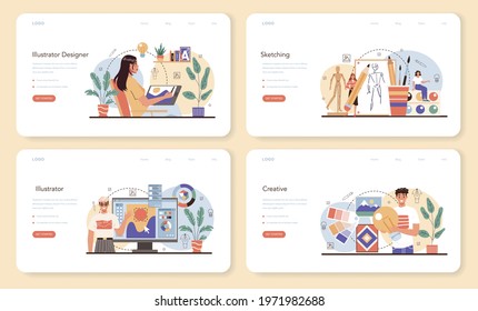 Illustration designer web banner or landing page set. Artist drawing picture for book and magazines, digital illustration for web sites and advertising. Creative profession. Flat vector illustration