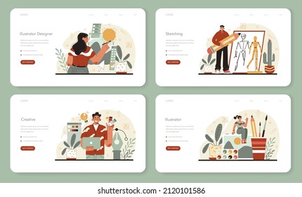 Illustration designer web banner or landing page set. Artist drawing pictures and digital illustrations for web sites and advertising. Creative profession. Flat vector illustration