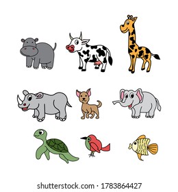 Illustration designs pictures of elephants, cows, giraffes, rhinos and others with attractive colors