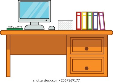 Illustration of a desk with computer, books, and calendar.