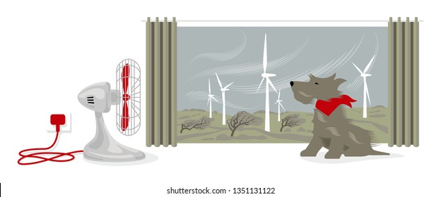 Illustration of a desk fan blowing into a dogs face. Outside, seen through a window with drapes, is countryside. A strong wind is blowing, powering a wind farm, while trees are bending