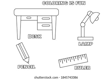 Illustration of desk, lamp, pencil, and ruler. Perfect for coloring and web design