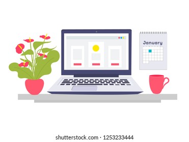 Illustration with desk and laptop. Flat design vector illustration of workstation. Computer desk