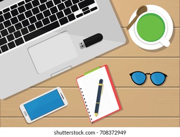Illustration desk office top view in vector flat design in minimal style