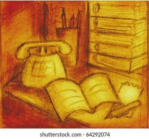 illustration of a desk with phone and notebook