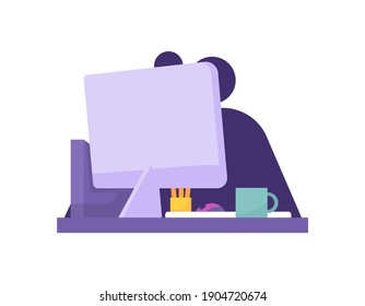 an illustration of a desk at work or work equipment in an office. illustration of computer monitor, keyboard, mouse, cup of coffee, pen holder. flat style. vector design element