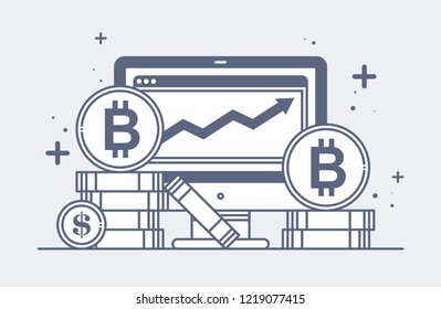 Illustration of a desktop computer and big bitcoin coins. Cryptocurrency, blockchain and digital money concept.
