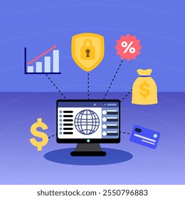 Ilustración de una computadora de escritorio conectada a iconos que simbolizan la seguridad, descuentos, crecimiento de ingresos y pagos en línea en el comercio electrónico.