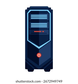 Illustration of a desktop computer tower, dark blue with a power button.