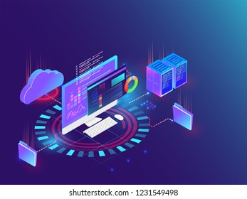 Illustration of desktop connected with server and data folder for Data Management concept isometric design.