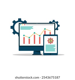 Ilustración de un monitor de escritorio y una tableta que muestra gráficos de análisis y datos financieros. El monitor muestra un gráfico de líneas y barras, mientras que la tableta presenta iconos de símbolos financieros