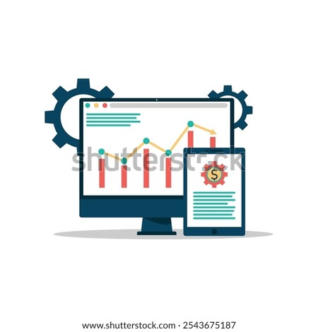 Illustration of a desktop monitor and tablet displaying analytics graphs and financial data. The monitor shows a line and bar graph, while the tablet features a financial symbol icons