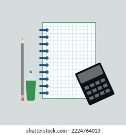 illustration of desktop in the office. workplace vector with notepad, calculator, highlighter and pencil.