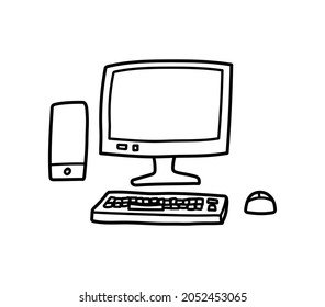 Illustration of desktop PC computer setup, doodle drawing of a personal computer setup for work and entertainment purposes.