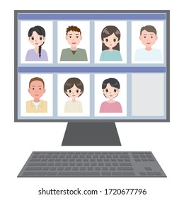 Illustration eines Desktop PC mit einem Online-Meeting.