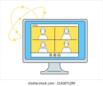 Illustration of desktop screen for online conference, remote communication. Classes, conferences, meetings, seminars, etc. Concept art for online services. Line art.