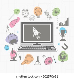 Illustration of a desktop with various elements and objects for education on stylish background.