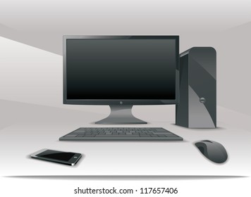 An illustration of desktop workstation and small tablet