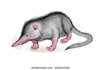 Illustration of desman. Mammal of the mole family. Wildlife animals. Isolated drawing on white background. Print for fabric, fashion, decoration, embroidery, wallpaper. Flat cartoon vector.
