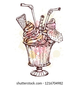 Illustration with dessert. Freehand drawing. Can be used for scrapbook, banner, print, etc.