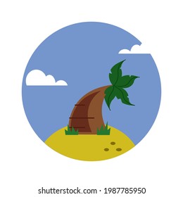 An illustration of a dessert island with a palm tree. Blue sky and white clouds. Cartoon Tropical tree.