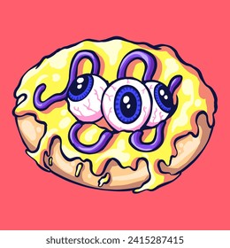 Illustration of a dessert monster with scary eyeballs in a psychedelic and melting style. Suitable for your t-shirt design