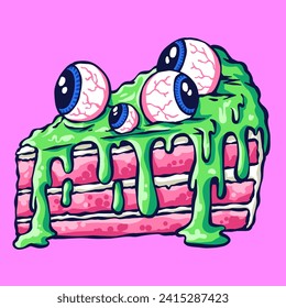 Illustration of a dessert monster with scary eyeballs in a psychedelic and melting style. Suitable for your t-shirt design