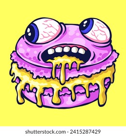 Illustration of a dessert monster with scary eyeballs in a psychedelic and melting style. Suitable for your t-shirt design