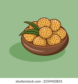 Illustration of dessert sesame balls or onde onde on a plate, a traditional Indonesian snack, isolated. Vector onde-onde sprinkled with sesame seeds with green bean filling.