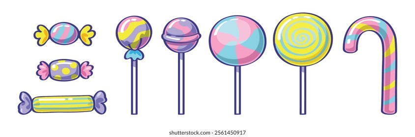 Illustration of dessert sweet designs with variety of styles. Lollipop cute cartoon rainbow, Candy cane and caramel toffee. Candy different shape. Idea for icons, labels, or digital decoration.