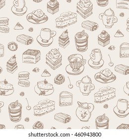 Illustration with desserts and cups vector pattern