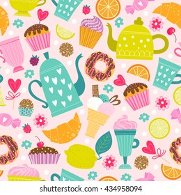 Illustration with desserts, tea and ice cream. Seamless pattern