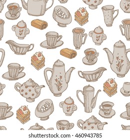 Illustration with desserts, teapots and cups. Vector pattern