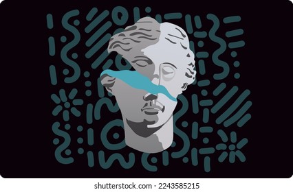 Illustration of the destroyed head of Aphrodite. Two pieces of an ancient bust on a dark background with abstract stripes. A ready-to-use eps image for your design. For posters stickers postcards art