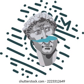 Illustration of the destroyed head of David. The marble bust is broken in half, and bright colors of art come out of it abstract background stripes are visible behind Modern interpretation of classics