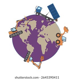 Illustration of the destruction of the Earth's environment caused by development using heavy machinery.