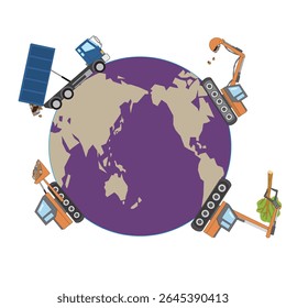 Illustration of the destruction of the Earth's environment caused by development using heavy machinery.