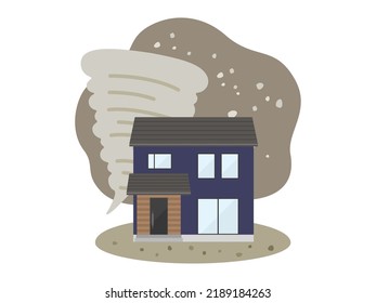 An illustration of a detached house damaged by a tornado.