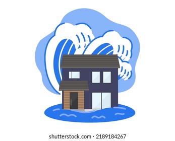 An illustration of a detached house damaged by the tsunami.