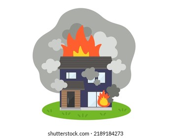 An illustration of a detached house damaged by a fire.
