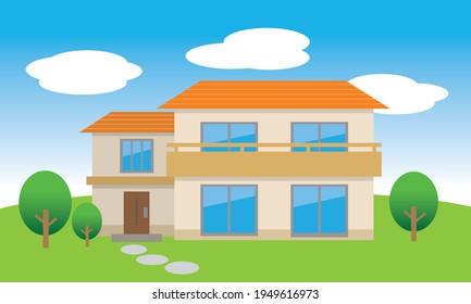 Illustration of a detached house with a garden built in the suburbs