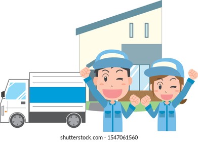 Illustration of detached house with moving company and truck