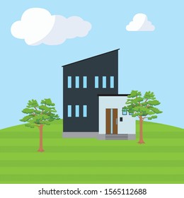 Illustration of a detached house on a grassy hill. blue sky. Image of own home