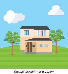 Illustration of a detached house on a grassy hill. blue sky. Image of own home