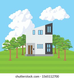 Illustration of a detached house on a grassy hill. blue sky. Image of own home