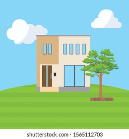 Illustration of a detached house on a grassy hill. blue sky. Image of own home