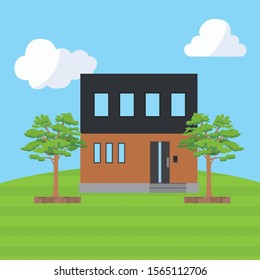 Illustration of a detached house on a grassy hill. blue sky. Image of own home