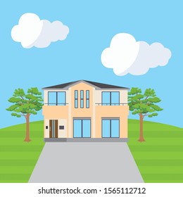 Illustration of a detached house on a grassy hill. blue sky. Image of own home