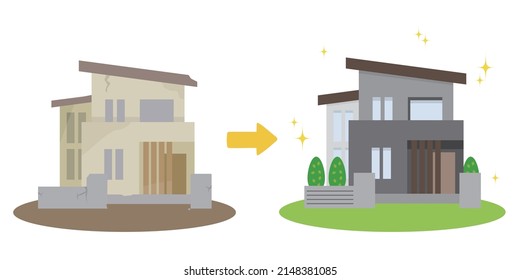 Illustration Of A Detached House Renovation. Comparison Of Detached House Exteriors. Vector Illustration On White Background.