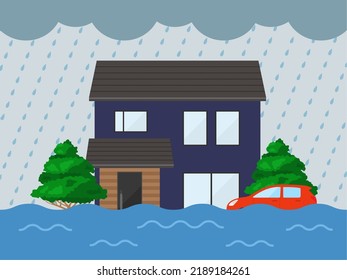 An illustration of a detached house that is flooded due to heavy rain.